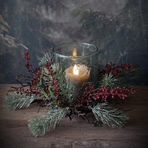 Windlicht met kunst ''kerst''kransje rode bes